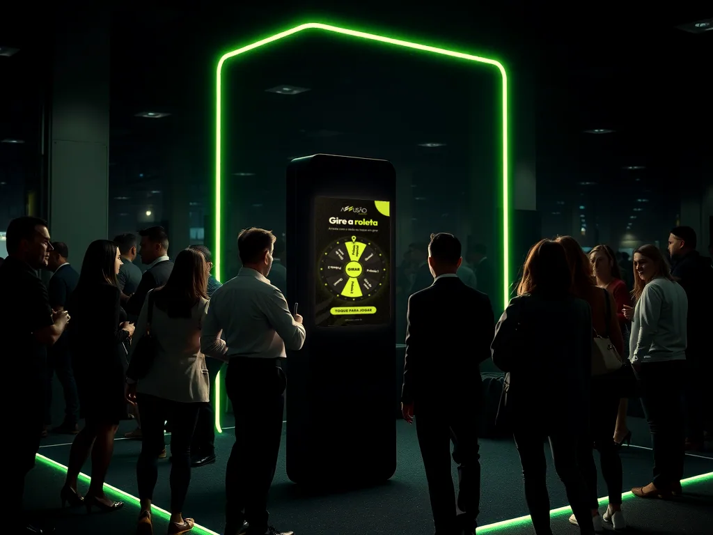 Totem touch com a roleta de prêmios num estande de evento